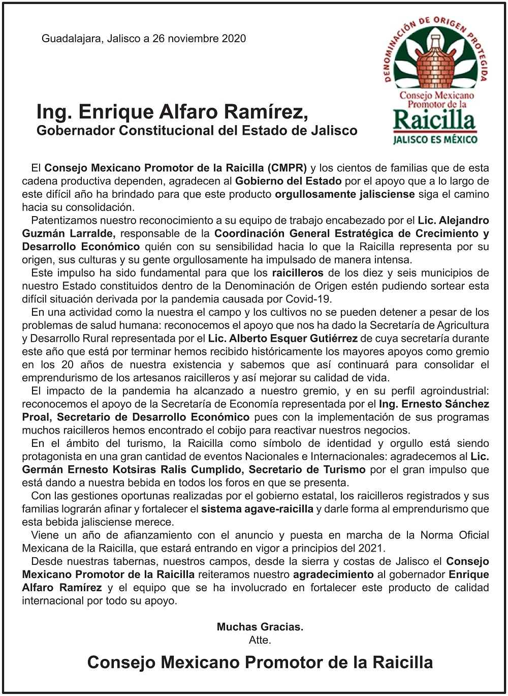Ing. Enrique Alfaro Ramírez, Gobernador Constitucional del Estado de Jalisco: